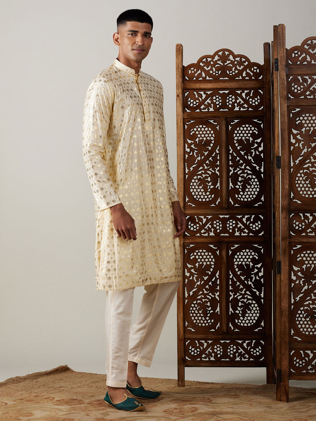 Vastramay mens gold foil printed kurta with cream pant style pyjama set