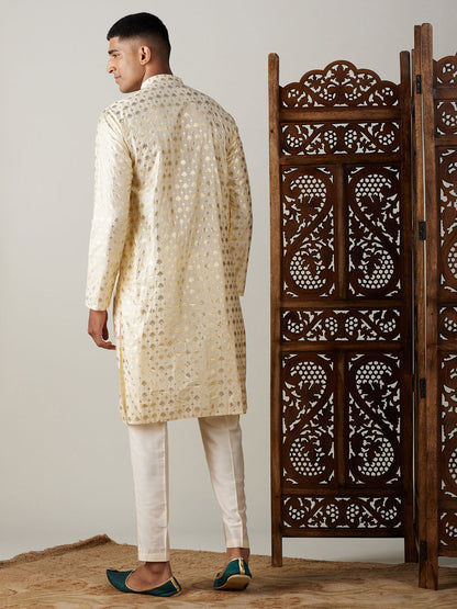 Vastramay mens gold foil printed kurta with cream pant style pyjama set