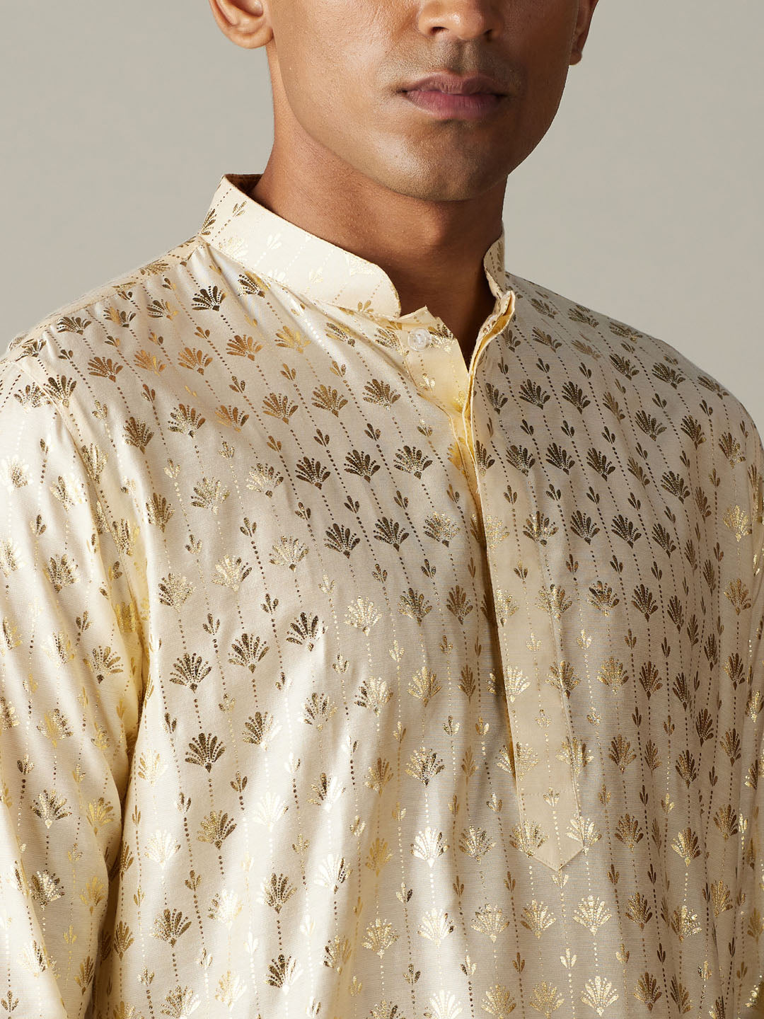 Vastramay mens gold foil printed kurta with cream pant style pyjama set