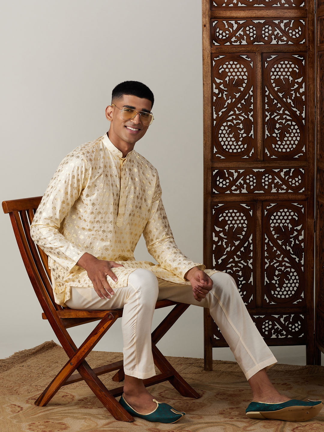 Vastramay mens gold foil printed kurta with cream pant style pyjama set