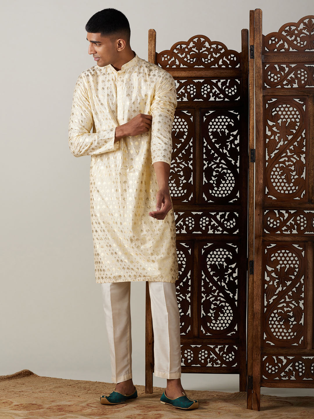 Vastramay mens gold foil printed kurta with cream pant style pyjama set