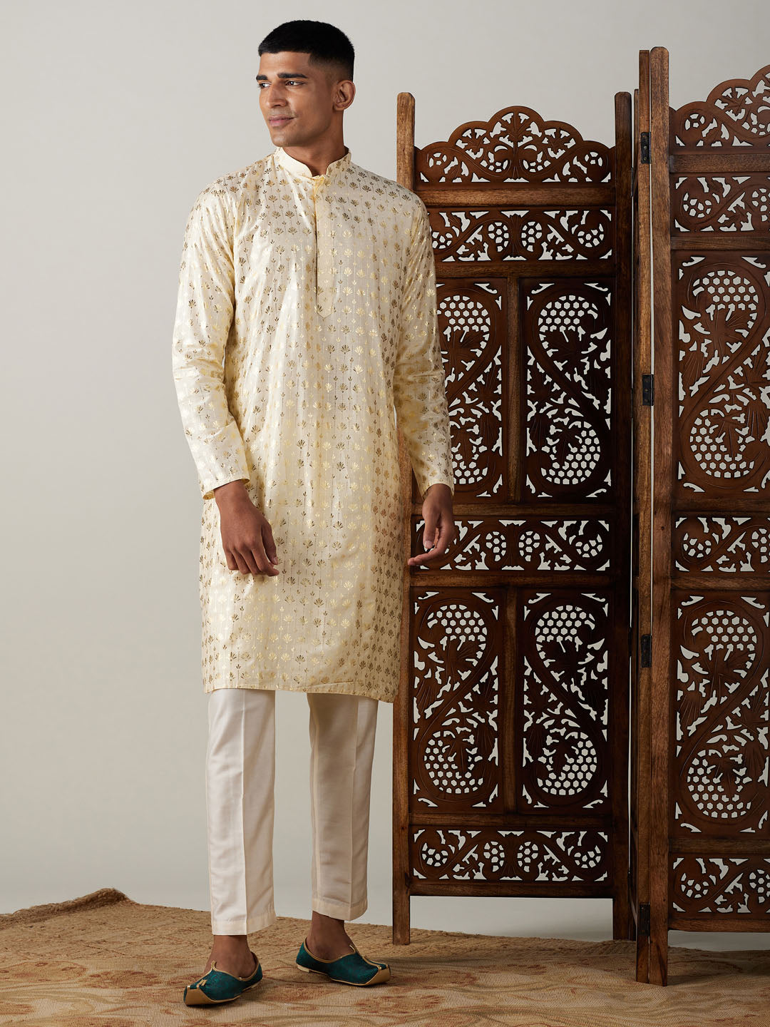 Vastramay mens gold foil printed kurta with cream pant style pyjama set