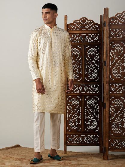 Vastramay mens gold foil printed kurta with cream pant style pyjama set