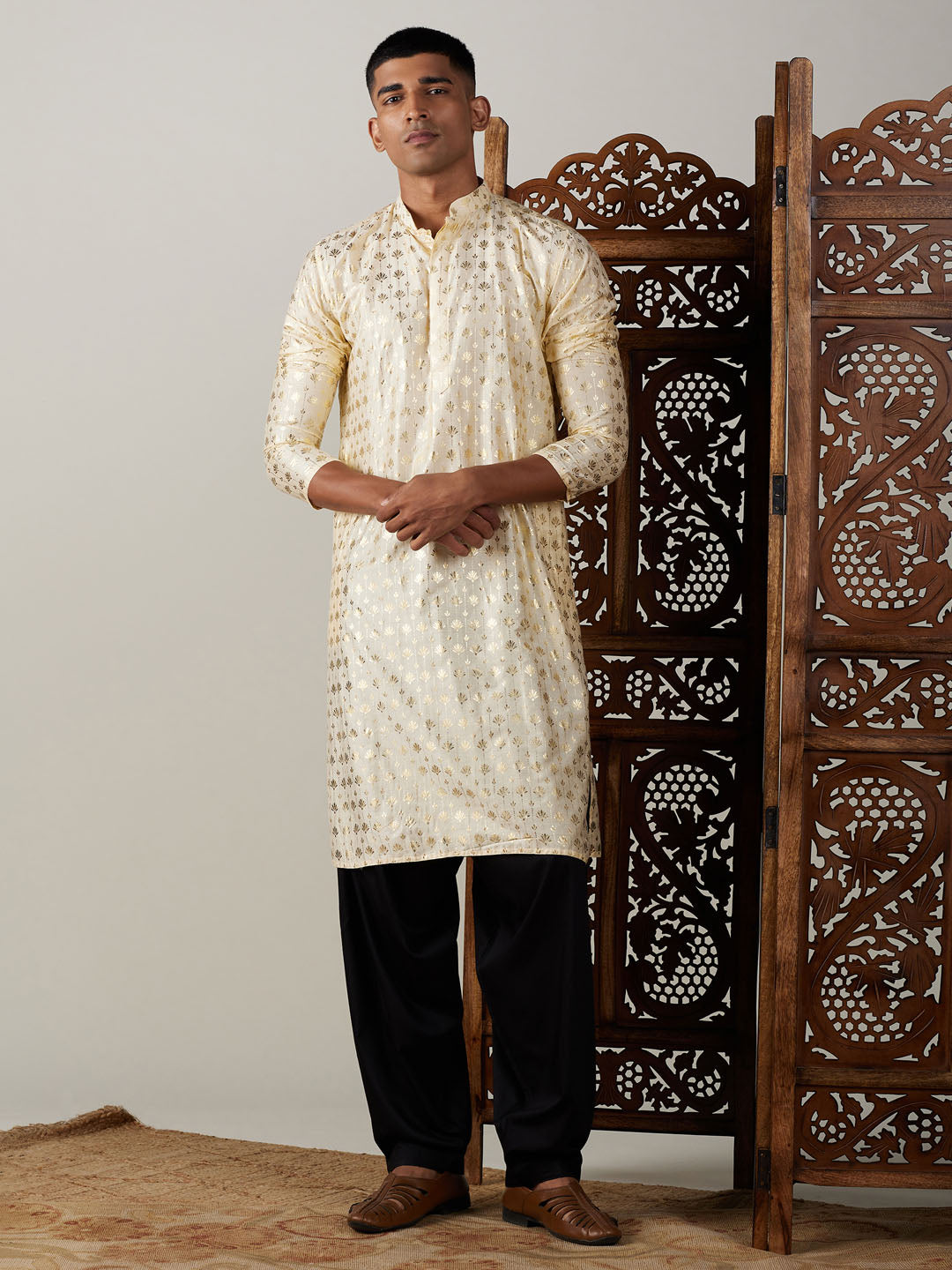 Vastramay mens gold foil printed kurta with black patiala set