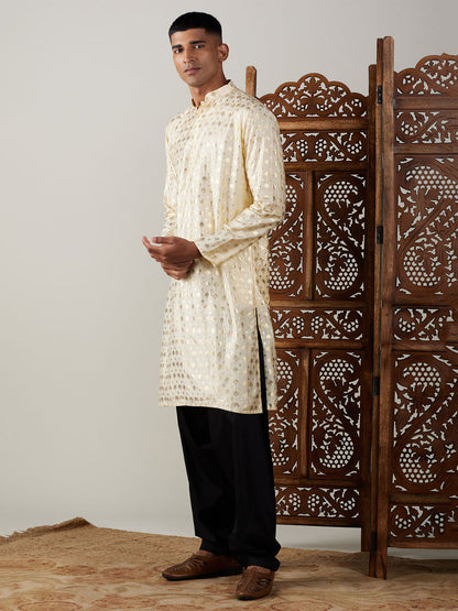 Vastramay mens gold foil printed kurta with black patiala set