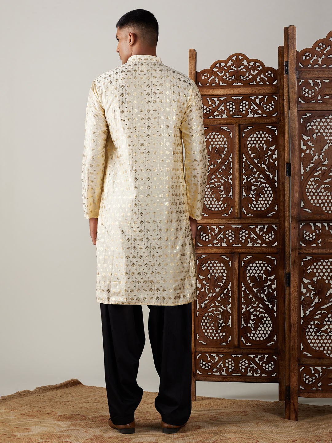Vastramay mens gold foil printed kurta with black patiala set
