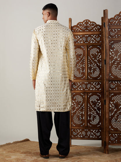 Vastramay mens gold foil printed kurta with black patiala set