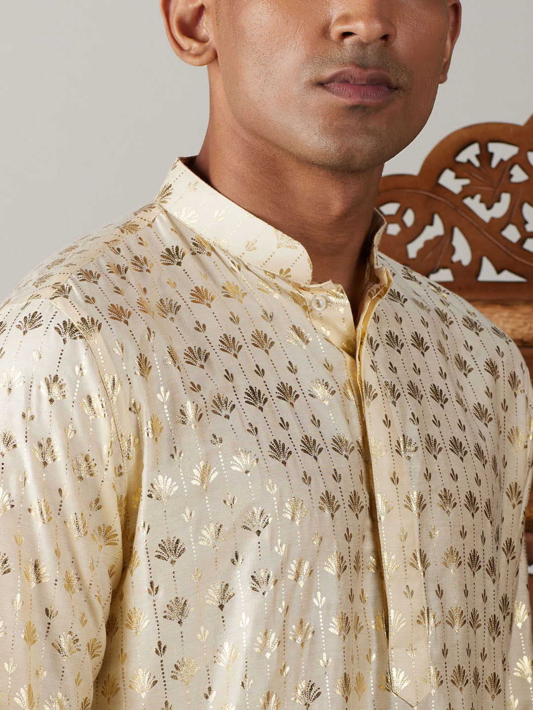 Vastramay mens gold foil printed kurta with black patiala set