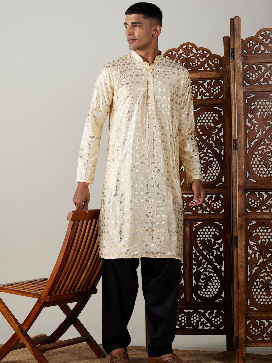 Vastramay mens gold foil printed kurta with black patiala set