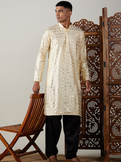 Vastramay mens gold foil printed kurta with black patiala set
