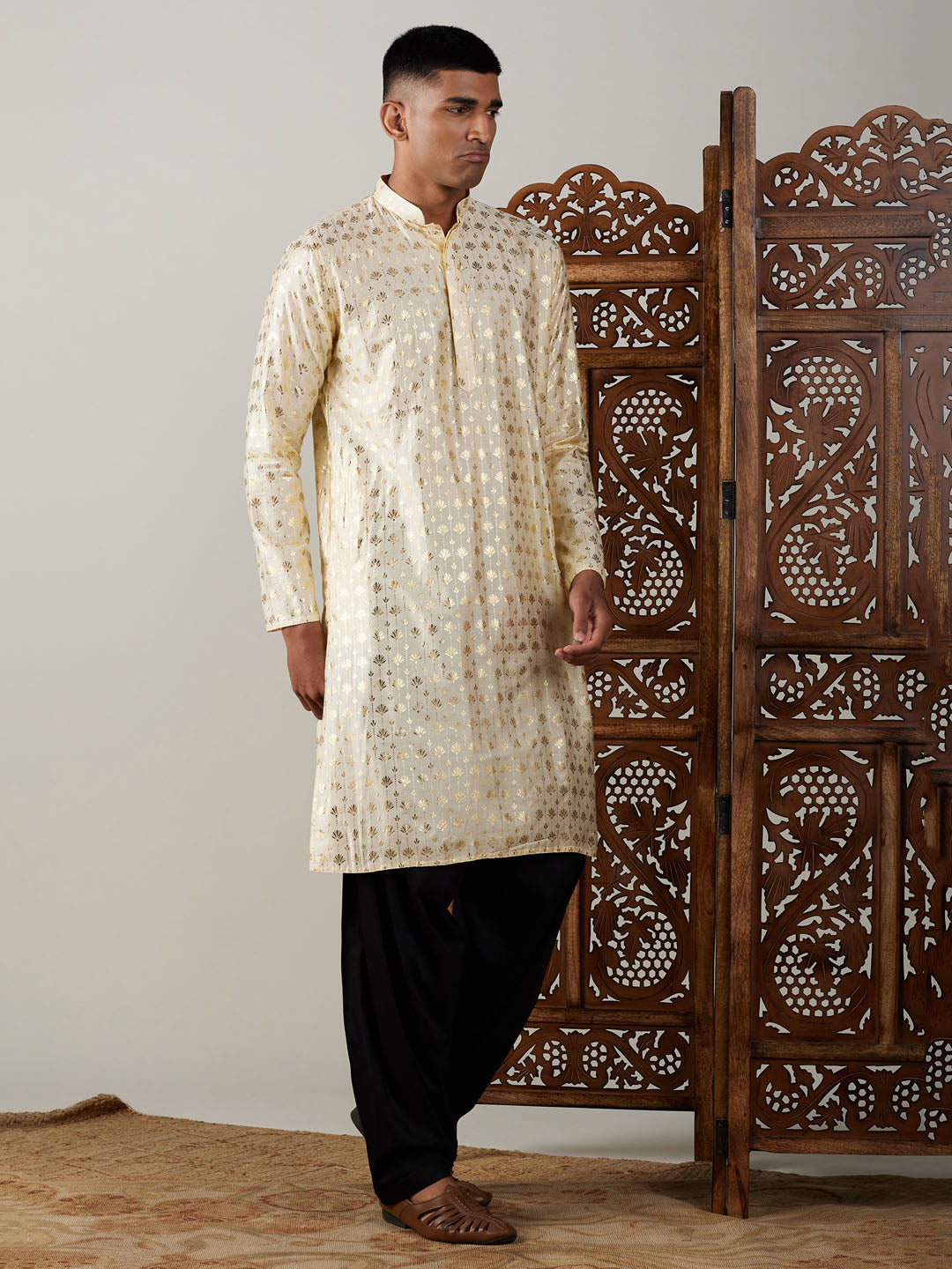 Vastramay mens gold foil printed kurta with black patiala set