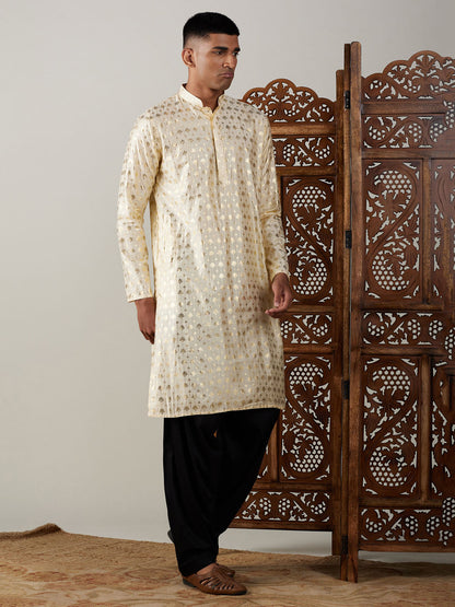 Vastramay mens gold foil printed kurta with black patiala set