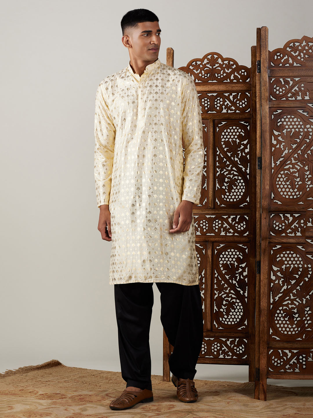 Vastramay mens gold foil printed kurta with black patiala set