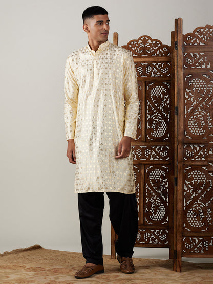 Vastramay mens gold foil printed kurta with black patiala set
