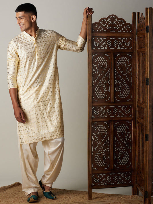 Vastramay mens gold foil printed kurta with cream patiala set