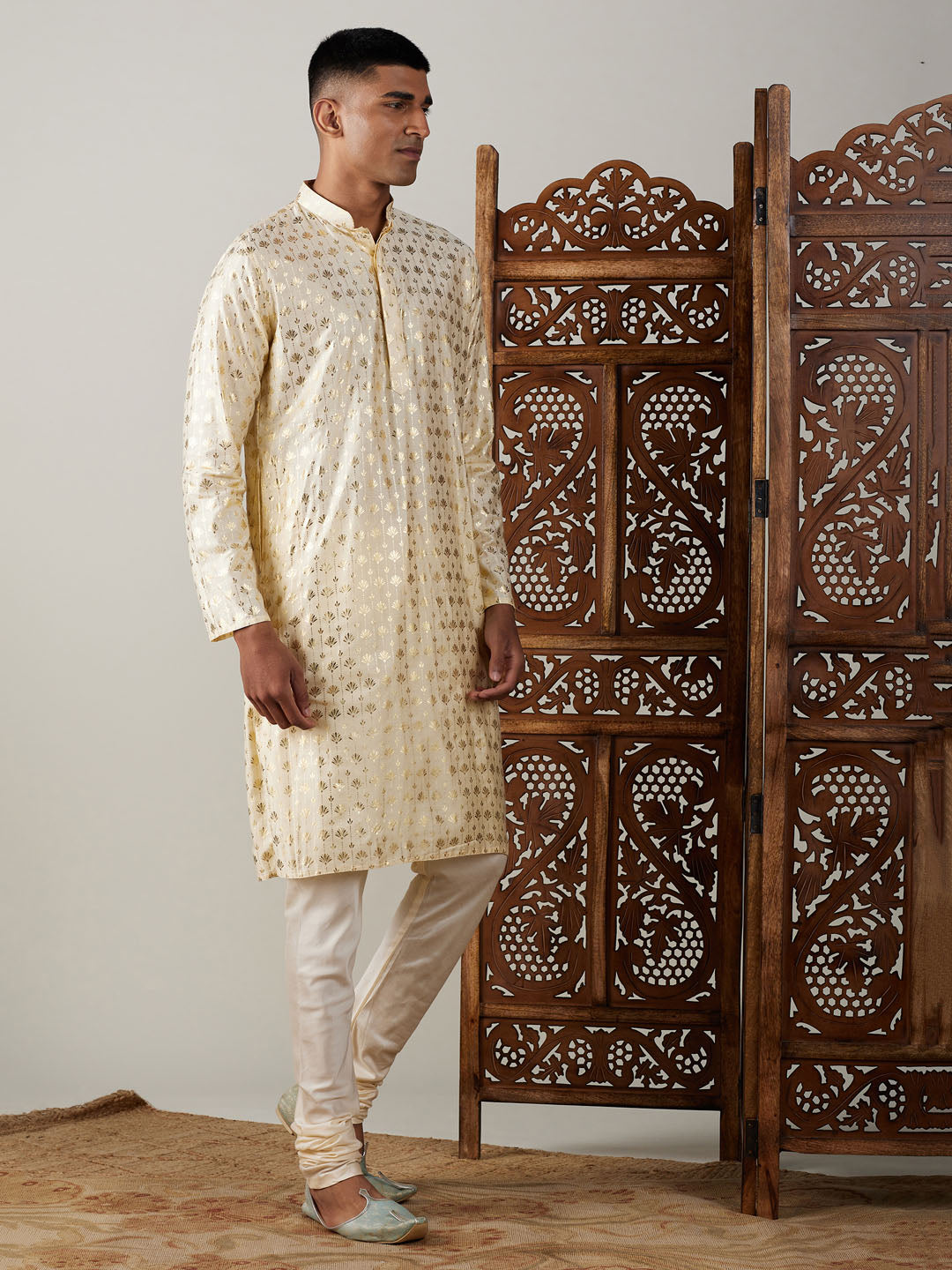 Vastramay mens gold foil printed kurta with cream pyjama set