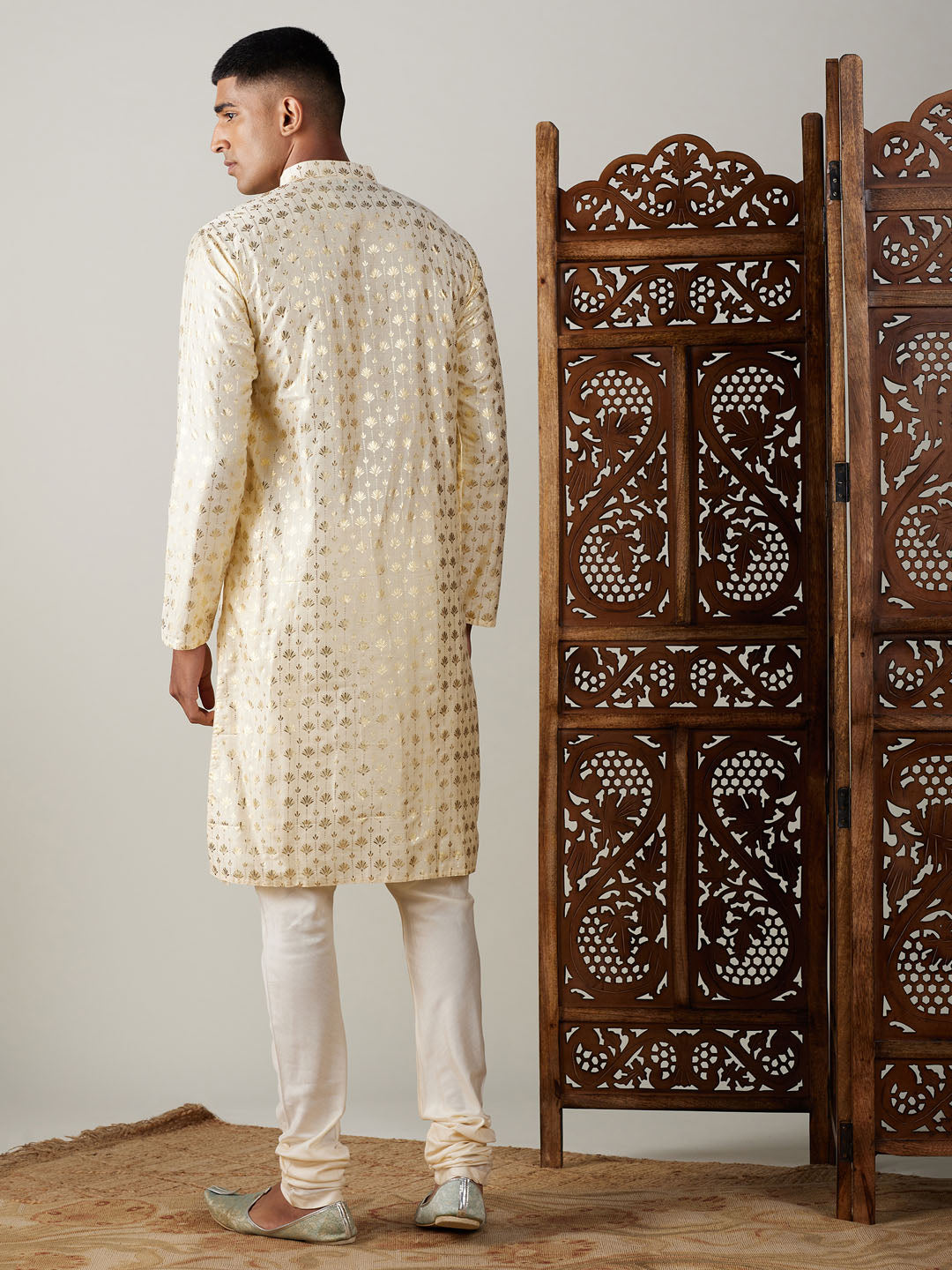 Vastramay mens gold foil printed kurta with cream pyjama set