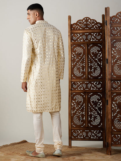 Vastramay mens gold foil printed kurta with cream pyjama set