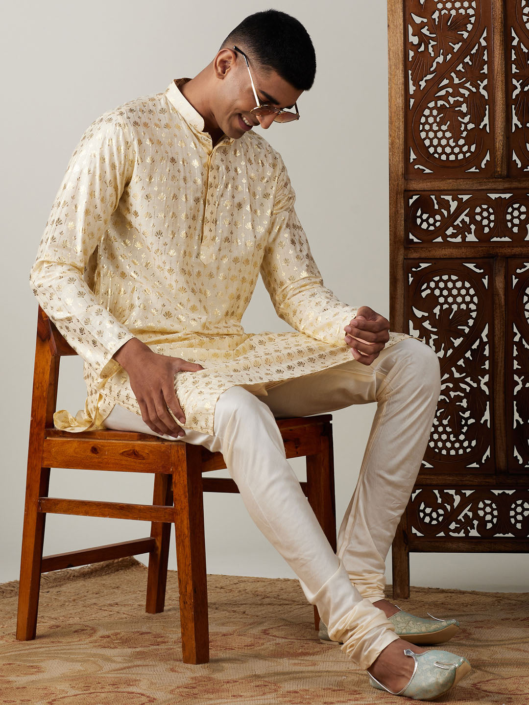 Vastramay mens gold foil printed kurta with cream pyjama set
