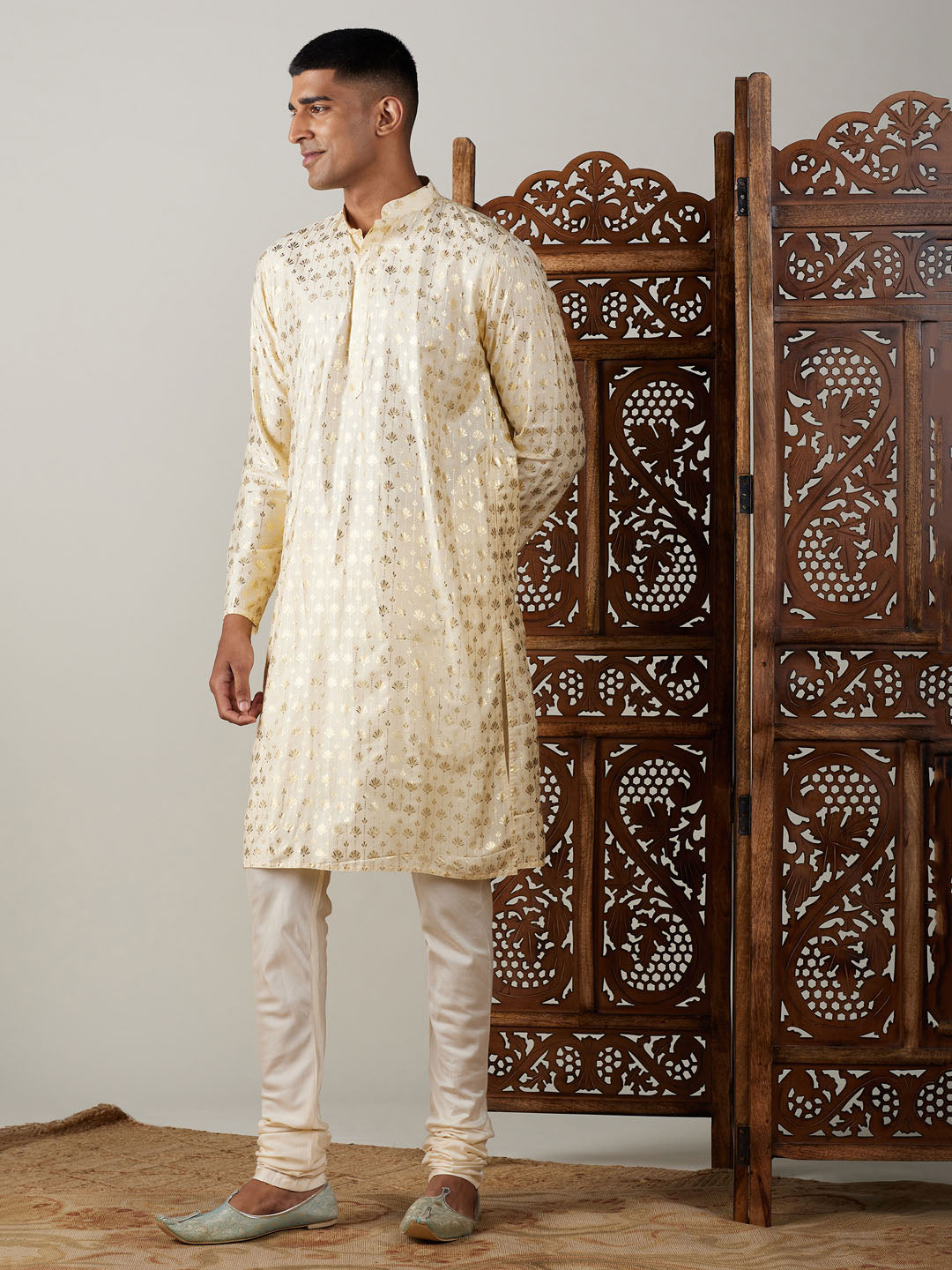 Vastramay mens gold foil printed kurta with cream pyjama set
