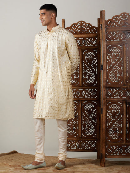 Vastramay mens gold foil printed kurta with cream pyjama set