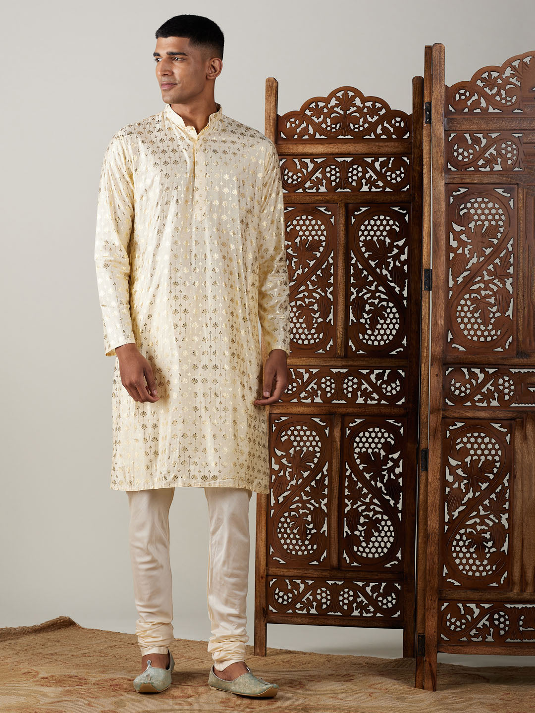 Vastramay mens gold foil printed kurta with cream pyjama set