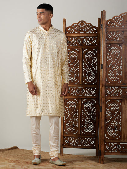 Vastramay mens gold foil printed kurta with cream pyjama set