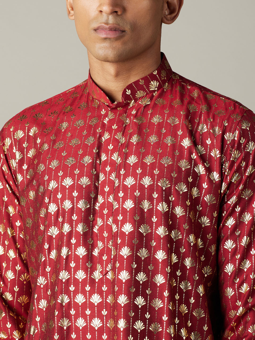 Vastramay mens maroon foil printed kurta