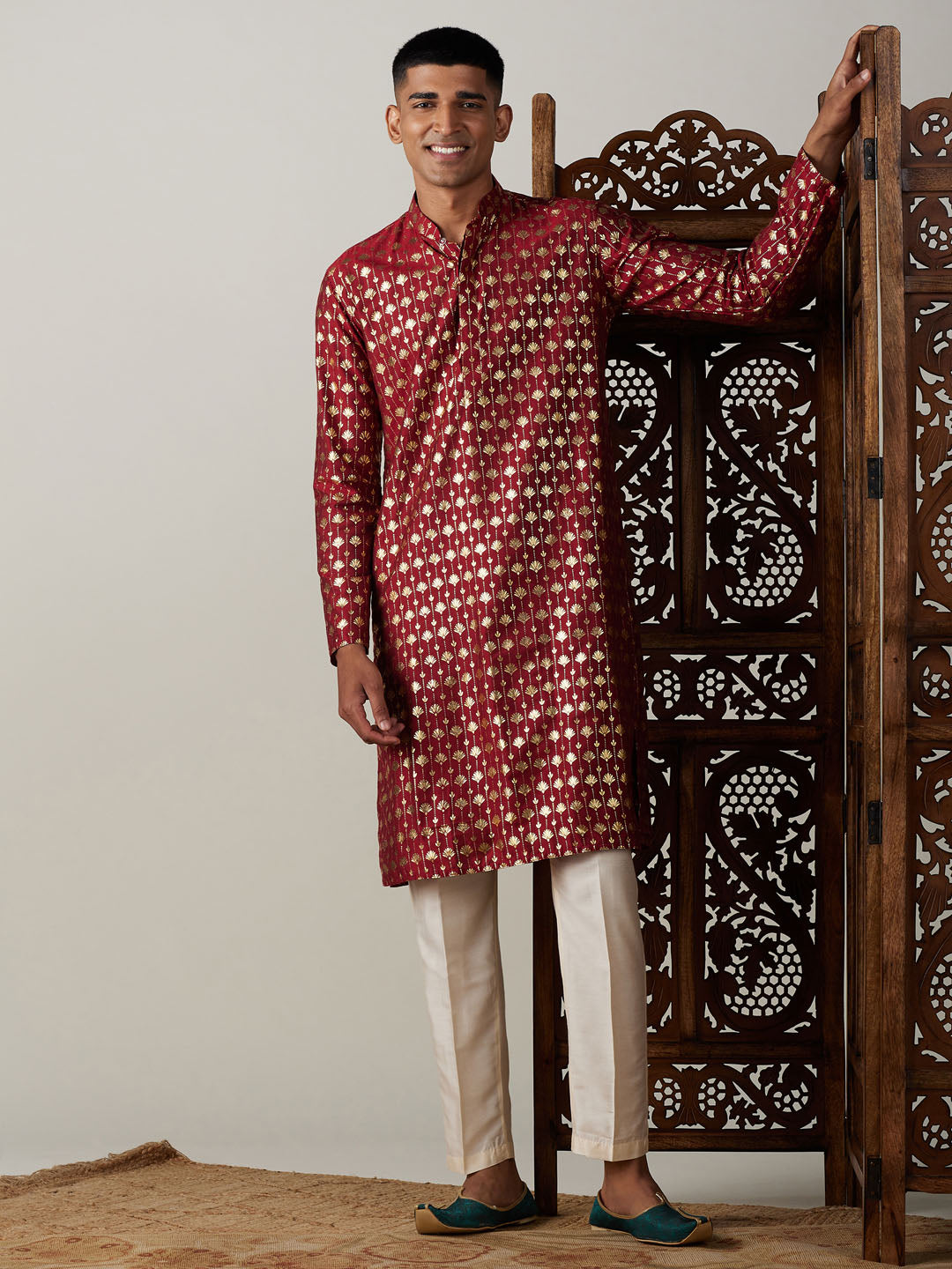 Vastramay mens maroon foil printed kurta with cream pant style pyjama set