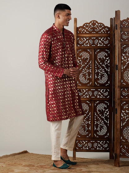 Vastramay mens maroon foil printed kurta with cream pant style pyjama set