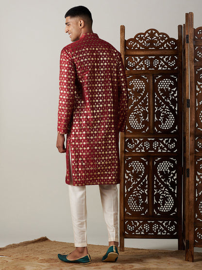 Vastramay mens maroon foil printed kurta with cream pant style pyjama set