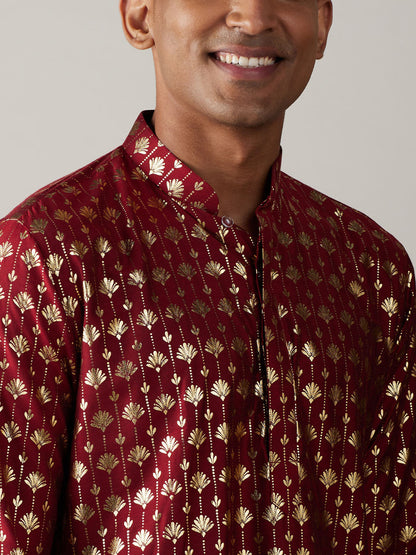 Vastramay mens maroon foil printed kurta with cream pant style pyjama set