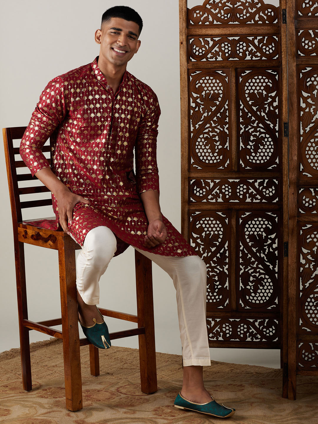 Vastramay mens maroon foil printed kurta with cream pant style pyjama set