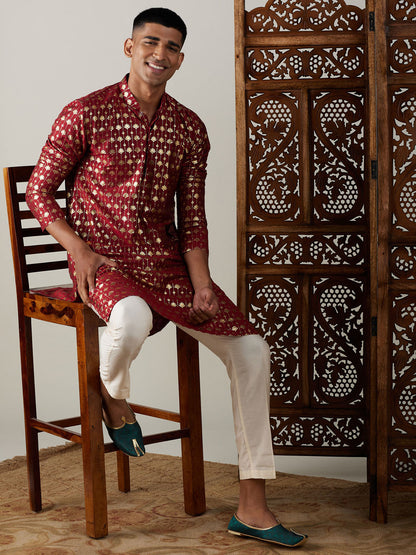 Vastramay mens maroon foil printed kurta with cream pant style pyjama set