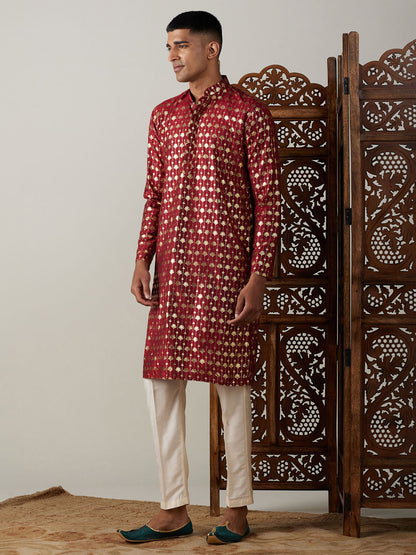 Vastramay mens maroon foil printed kurta with cream pant style pyjama set