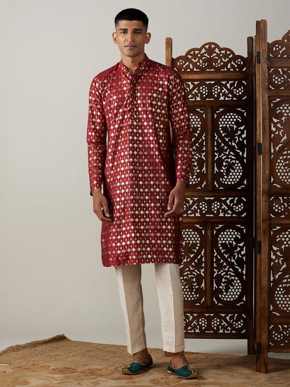 Vastramay mens maroon foil printed kurta with cream pant style pyjama set