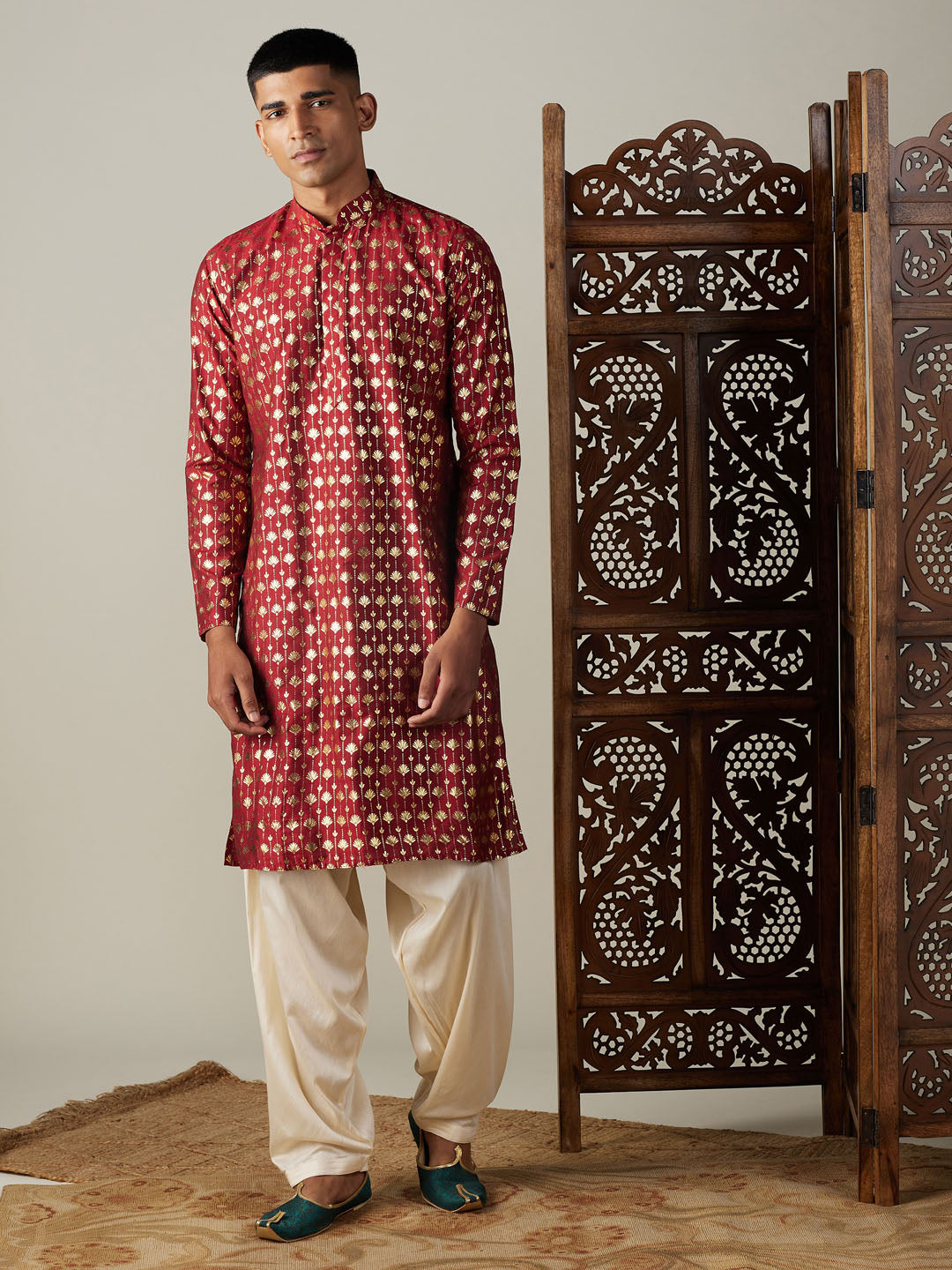 Vastramay mens maroon foil printed kurta with cream patiala set