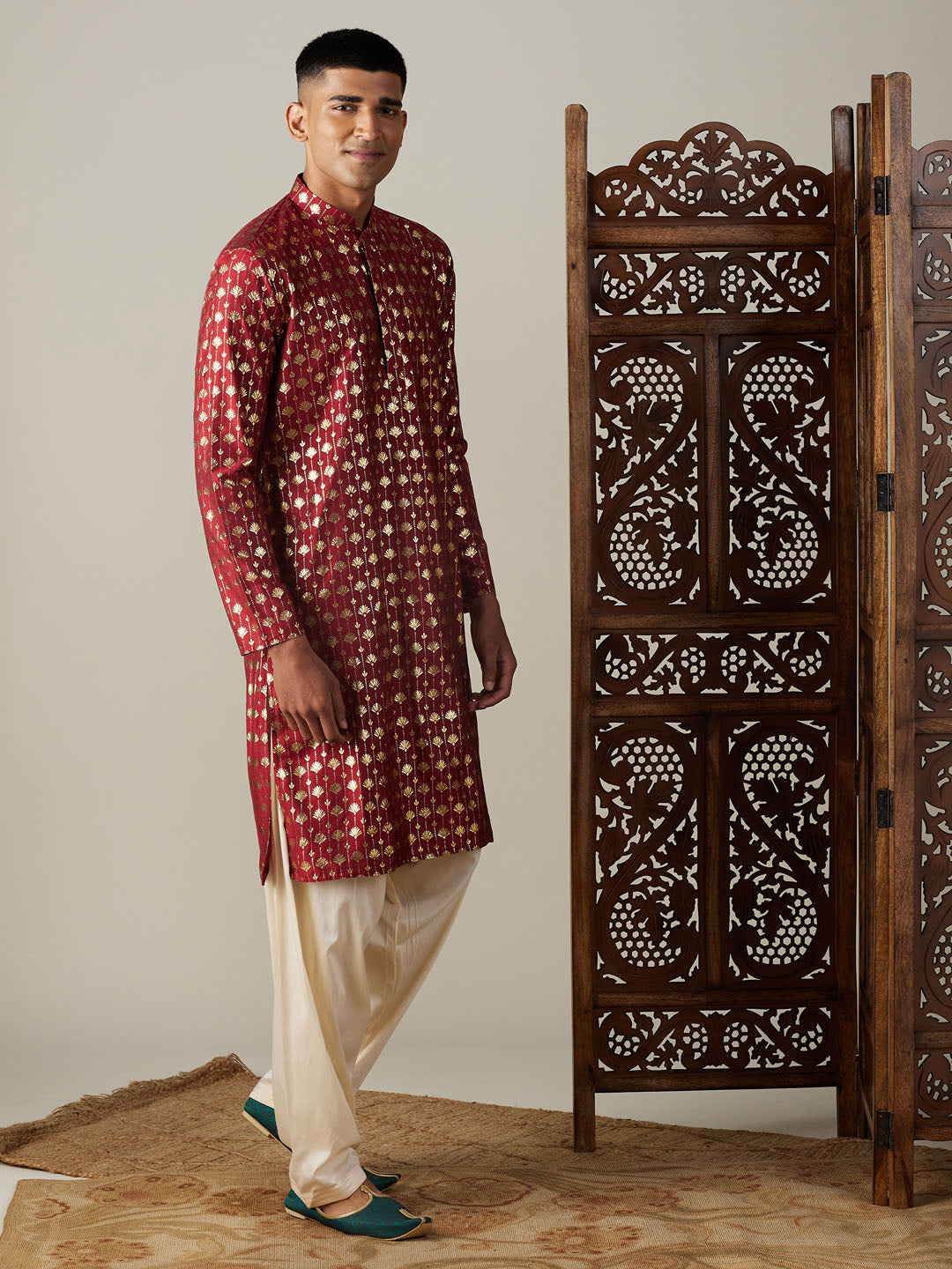 Vastramay mens maroon foil printed kurta with cream patiala set