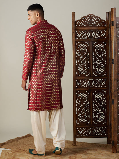 Vastramay mens maroon foil printed kurta with cream patiala set