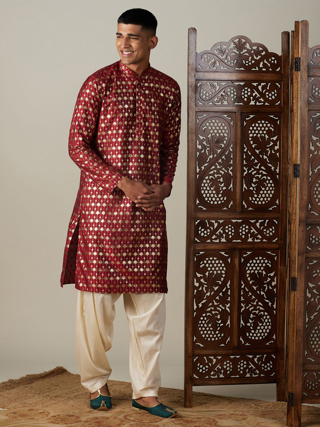 Vastramay mens maroon foil printed kurta with cream patiala set