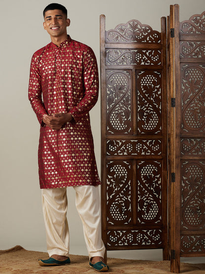 Vastramay mens maroon foil printed kurta with cream patiala set