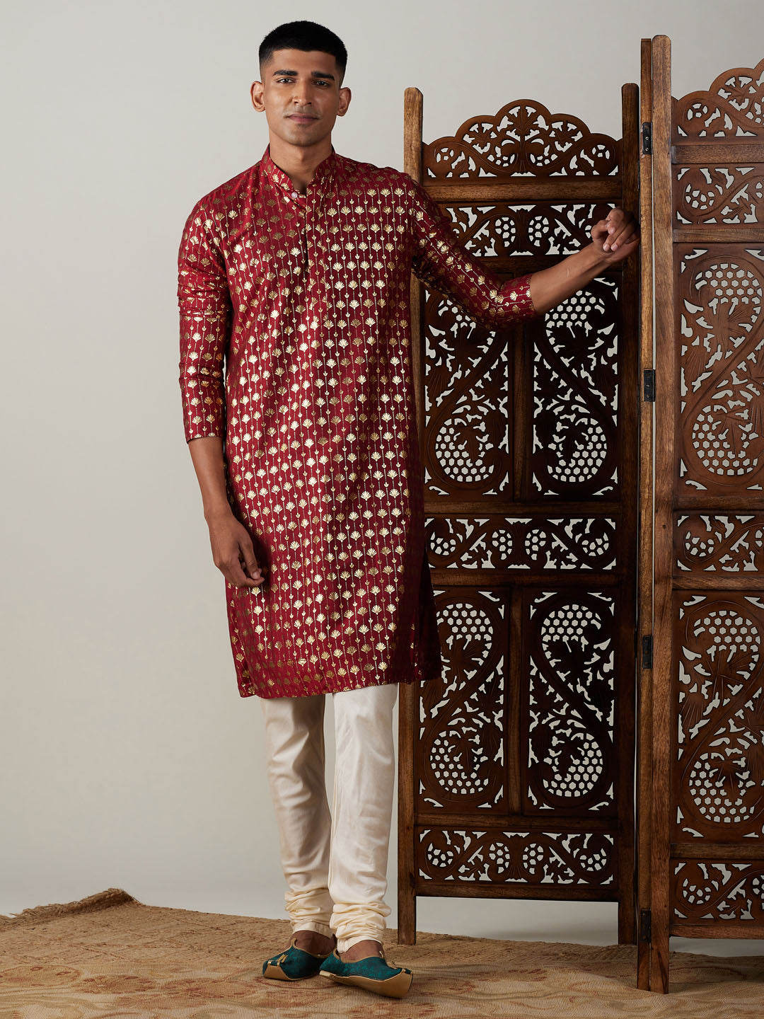 Vastramay mens maroon foil printed kurta with cream pyjama set