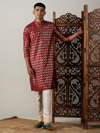 Vastramay mens maroon foil printed kurta with cream pyjama set