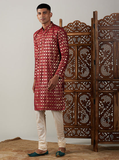 Vastramay mens maroon foil printed kurta with cream pyjama set