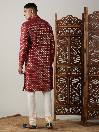 Vastramay mens maroon foil printed kurta with cream pyjama set