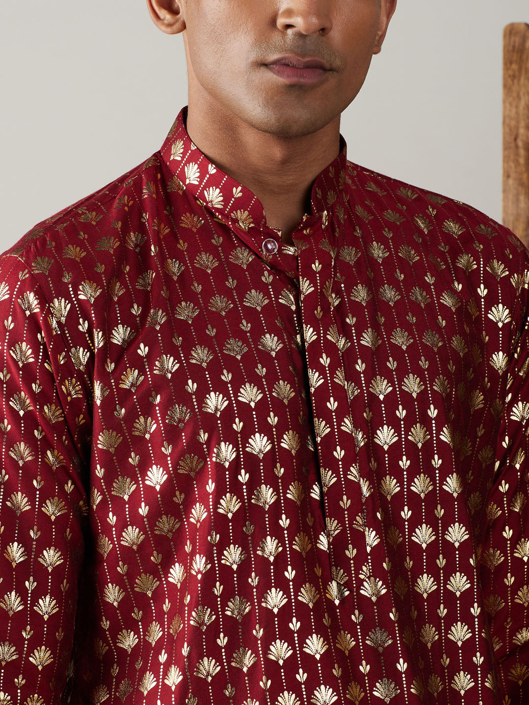 Vastramay mens maroon foil printed kurta with cream pyjama set