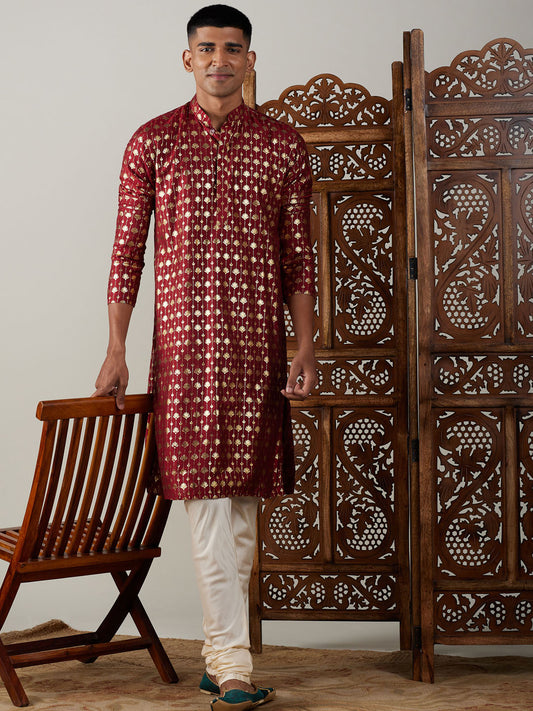 Vastramay mens maroon foil printed kurta with cream pyjama set