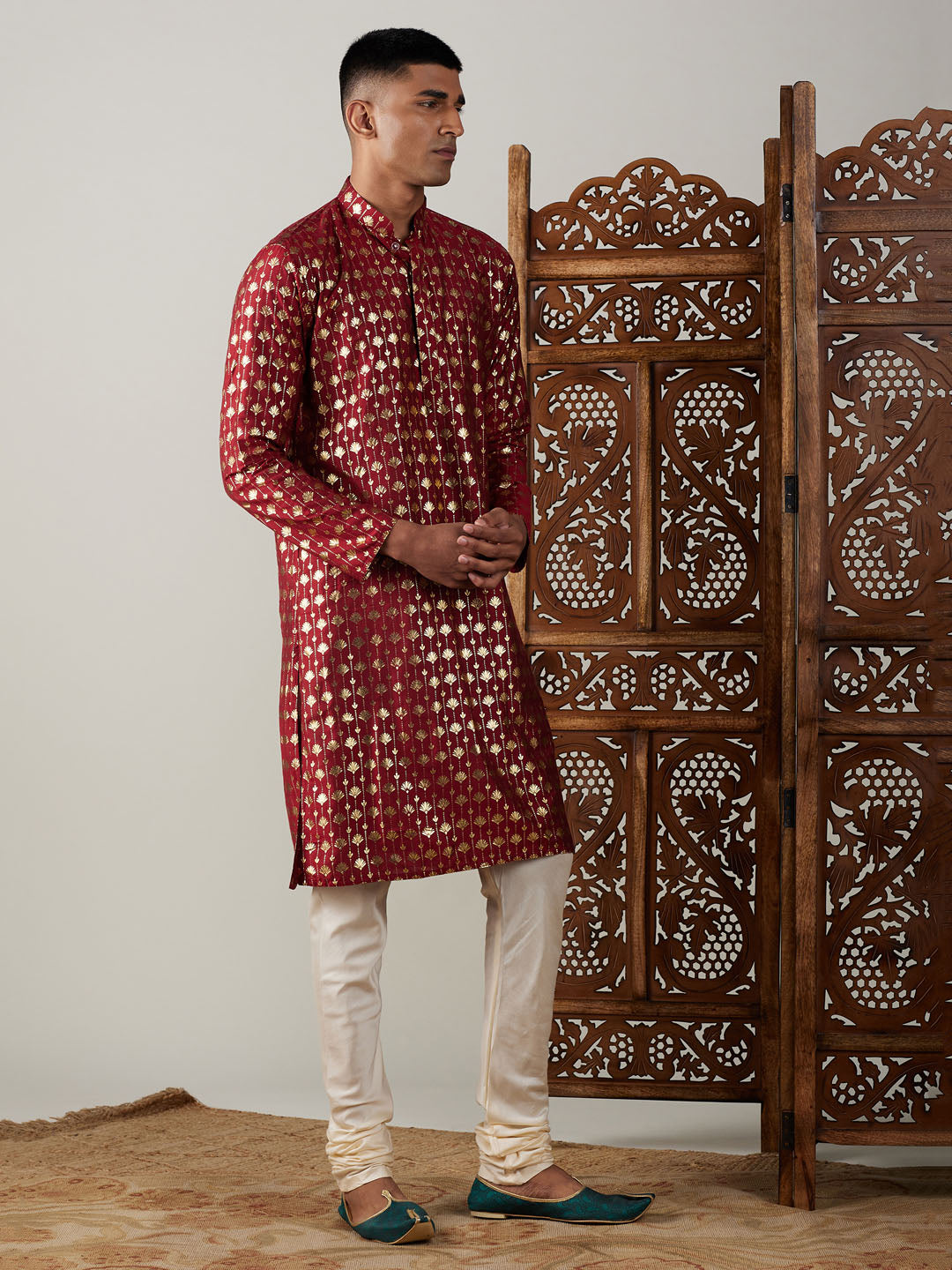 Vastramay mens maroon foil printed kurta with cream pyjama set