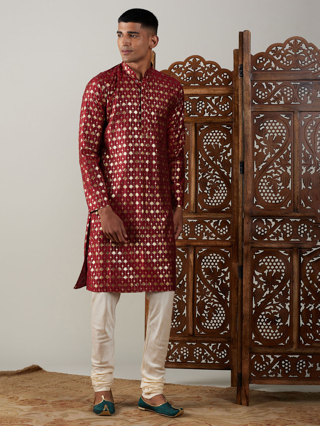 Vastramay mens maroon foil printed kurta with cream pyjama set