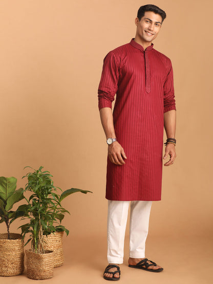 vastramay mens maroon cotton blend solid kurta with white pant set 2